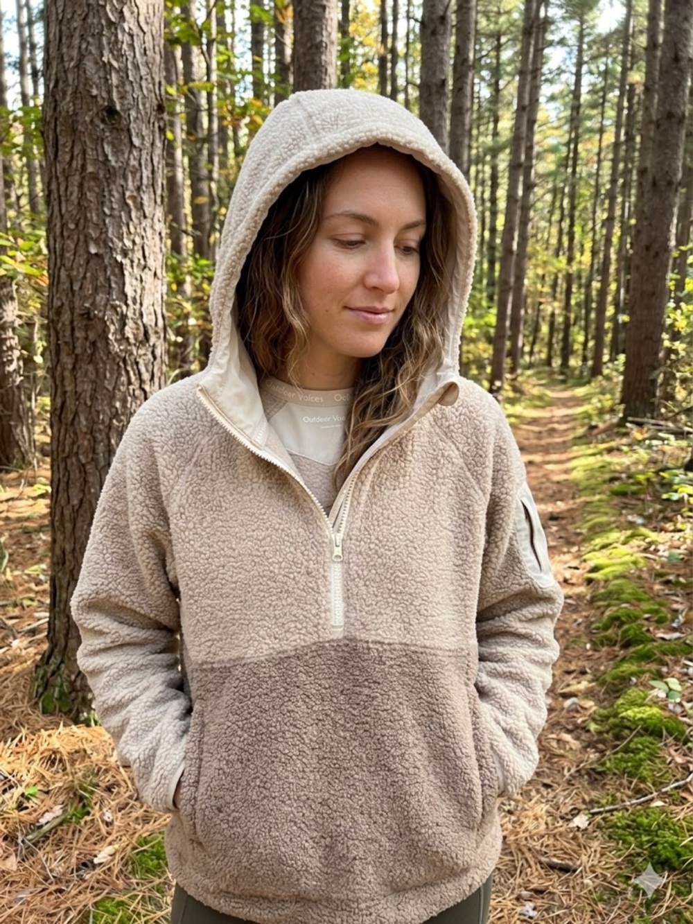 Outdoor Voices Taupe and Cream Sherpa Half-Zip Hoodie